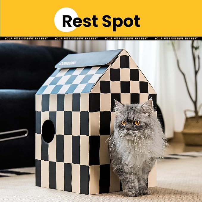 Cardboard Cat House with Scratch Pad & Catnip, Cat Play Scratching House for Indoor Hideaway Furniture, Heavy Duty Sturdy Cardboard Scratcher, Easy to Assemble Birthday Gift