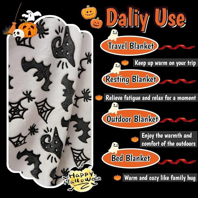 Cute Halloween Bat Blanket for Kids/Teens/Women/Men, Glow in The Dark Throw Blankets Soft Plush Fleece, Spooky Blanket for Boy/Girls/Toddler, Day Care Home Travel Use, 60"*50", White