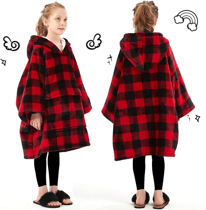 KFUBUO Wearable Blanket Hoodie for Kids Sherpa Patterns Oversized Sweatshirt Blanket With Pocket 6-10 Year Old Girl Boy Red Plaid
