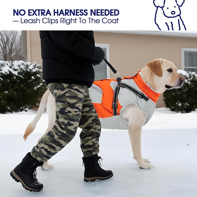 FUAMEY Dog Winter Jackets for Large Dogs,Dog Coat with Harness Built in,Waterproof Dogs Snowsuits Warm Pet Jacket Zip Up Fleece Cold Weather Coats Reflective Puppy Vest with Pocket Orange 3XL