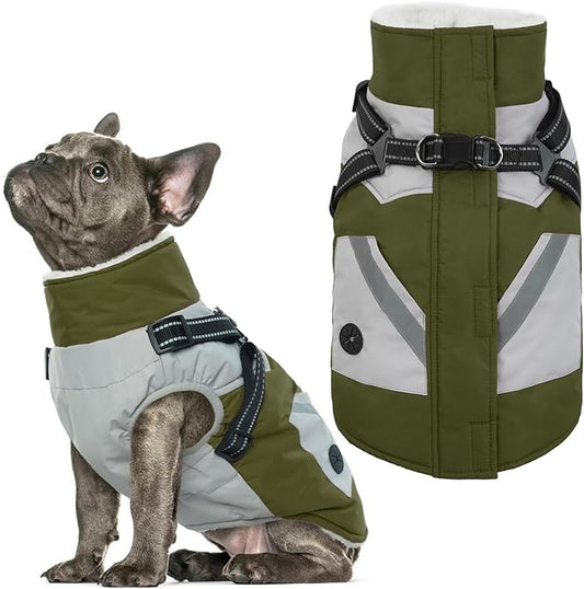 IECOii Dog Coat with Harness Built in - Green, Large - Waterproof Winter Coat, Fleece Lined Snow Jacket for Dogs