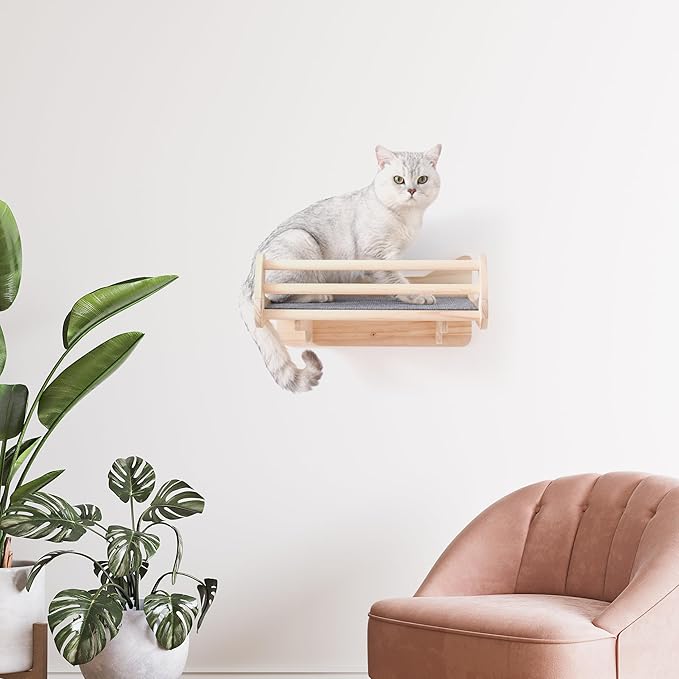 Pine Cat Wall Shelves with Scratch Mat, Wall-Mounted Cat Shelves, Space-Saving Shelf for Cats