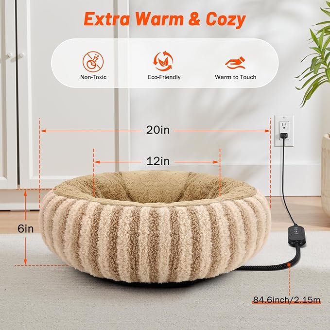 Toove Heated Cat Bed Indoor - 20" Heating Donut Pet Bed for Cats and Small Dogs, Ultra Soft & Cozy Sleeping Cat Beds, Machine Washable, Waterproof & Safe Warming with Timer and Temperature Control