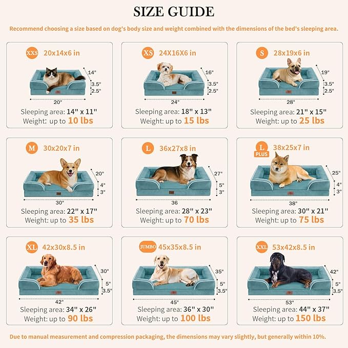 Comfort Expression Orthopedic Dog Bed for Extra Large Dogs 45x35 Inch, Waterproof Egg Crate Foam XL Pet Bed with Removable Bolsters, Dog Couch with Washable Cover & Non-Slip Bottom, Washed Blue