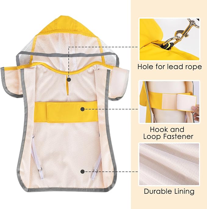 SlowTon Dog Raincoat, Adjustable Dog Rain Jacket Clear Hooded Double Layer, Waterproof Poncho with Reflective Strip Straps and Storage Pocket for Small Medium Large Dogs(XS)