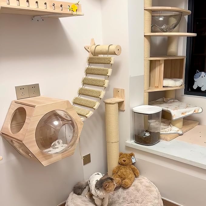Multi-Functional Cat Ladder & Bridge - Sisal Rope Climbing Frame Wall Furniture for Indoor/Outdoor Cats, Cage Accessories, Parrots, Small Pets (Wood Tone)