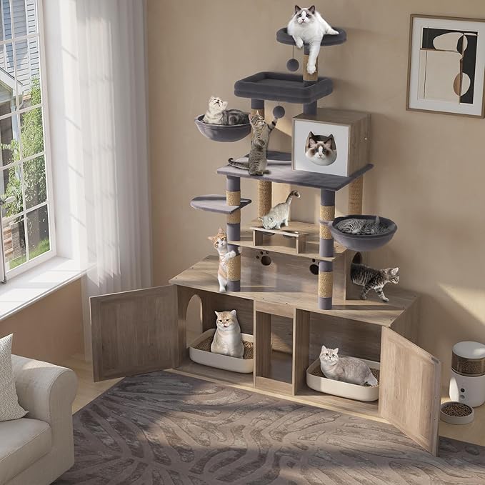 Cat Tree with 2 Litter Box Enclosures, All-in-One Cat Tower, Cat Condo with Sisal Scratching Posts, Hammocks, Detachable Plush Ball, Wooden Cat Furniture with Large Platforms, Grey
