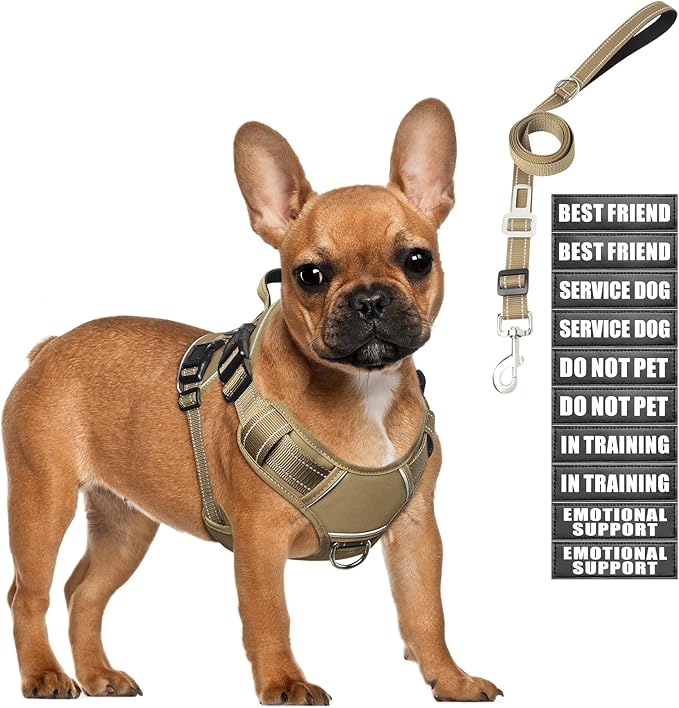 Tactical Dog Harness and Leash Set Small Sized Dog,Heavy Duty No Pull Service Dog Vest and 10 Patches with Dog Seat Belt,Reflective Adjustable Pet Harness for Training Walking Hiking Brown S