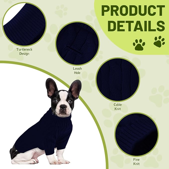 Small Dog Thermal Pullover Sweater, Classic Turtleneck Cable Knitwear Dog Clothes for Cold Weather Warm Pet Clothes for Chihuahua, Bulldog, Dachshund, Pug Navy Large