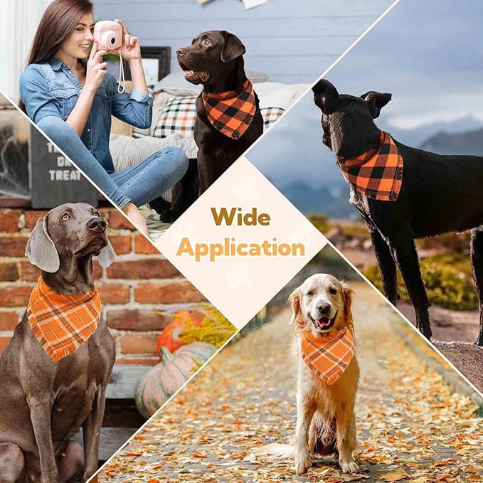 Kytely Thanksgiving Fall Dog Bandana 2 Pack, Autumn Dog Bandanas X-Large, Orange Plaid Pet Scarf for Boy and Girl, Holiday Halloween Reversible Triangle Bibs Accessories for Dogs Pets