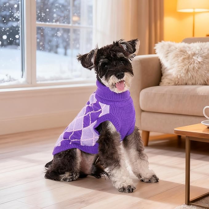 KOOLTAIL Small Dog Sweater, Knit Turtleneck Cold Weather Dog Sweaters for Medium Large Dogs,Soft Diamond Plaid Pullover Knitwear Pet Winter Warm Clothes,Pet Coat Puppy Sweater for Girls Boys,Purple S
