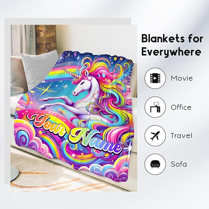 Unicorn Blankets - Personalized Kids Blanket Gifts for Girls - Flannel Soft Cute Throws for Room Decor, Couch,Office - 4 Sizes