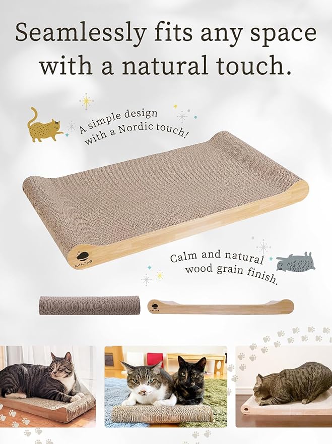 NyankonoYado No Mess & 1-Year Durable Cat Scratcher, Cardboard Scratch pad Bed Vet-Approved, Extra-Wide Reversible Cardboard, High Durability & Low Debris, for Large or Overweight Cats, Indoor