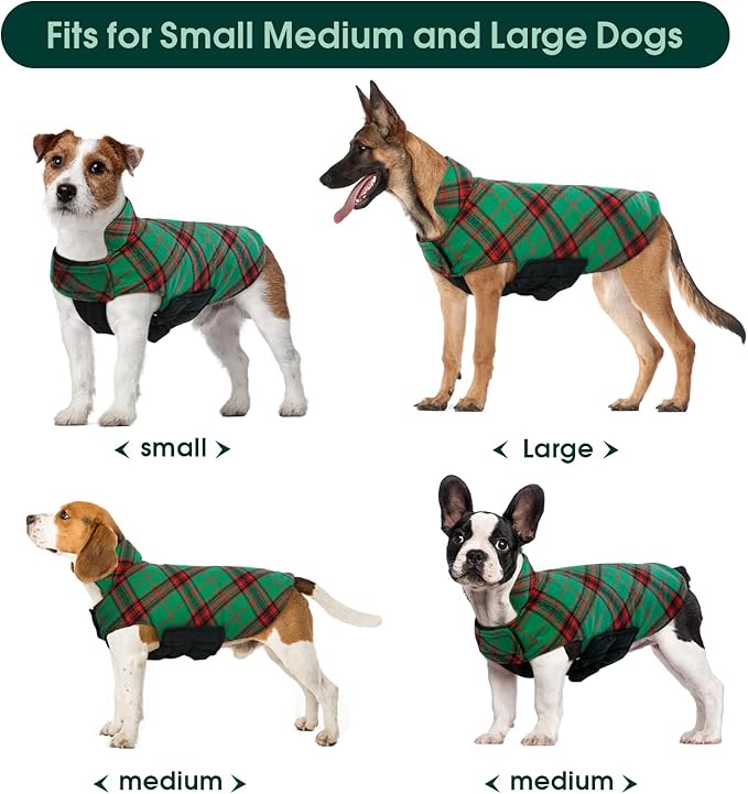 Kuoser Warm Dog Coat, Waterproof Dog Jacket for Extra Large Dogs, Adjustable Durable XL Doggie Winter Coat Reversible Cozy Puppy Cold Weather Apparel from Small to Large Breed, Christmas Green XL