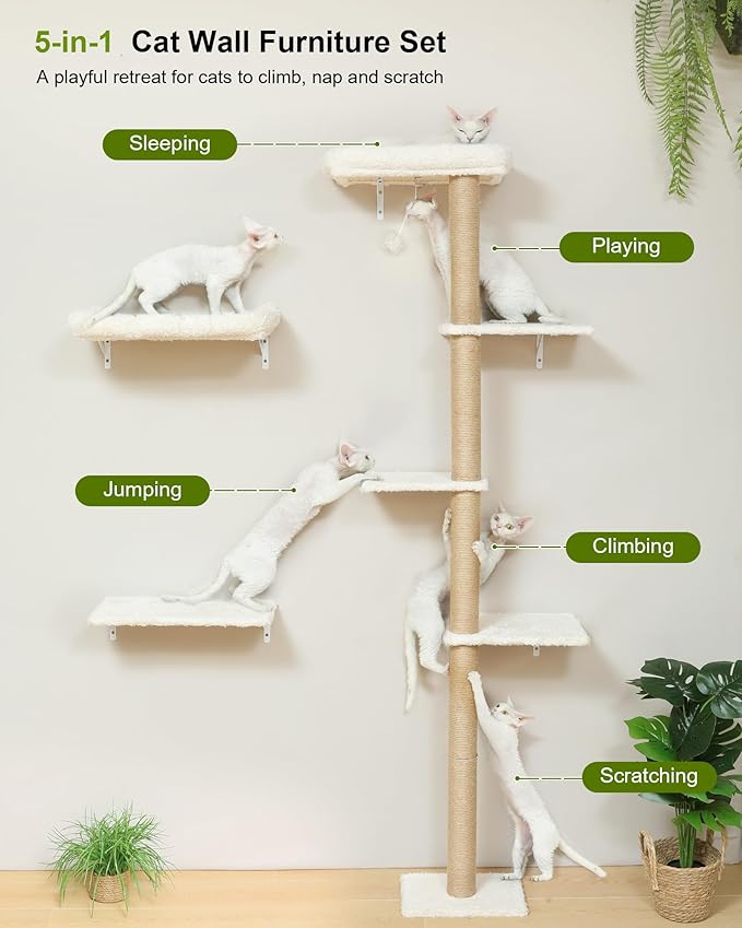 FUKUMARU Cat Wall Shelves, Stable 3-in-1 Wall Mounted Cats Furniture Set, Kitten Scratching Post with Soft Cushion Perch, Space Saving Climbing Wall for 16 Inch Drywall - Beige