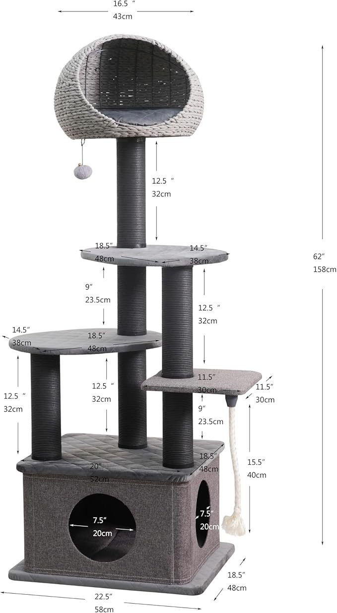Catry 62" High 6 Level Mordern Cat Tree with Large Base Condo, Top Hoodie Bed, Quilted Velvet Pad Steps, Replaceable Scratching Posts,for Multi- Cats Homes(Dark Gray)
