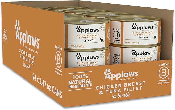 Applaws Natural Wet Canned Cat Food, Limited and Natural Ingredients, High Protein with No Artificial Additives, Chicken Breast & Tuna Fillet in Broth (24 x 2.47oz Cans)