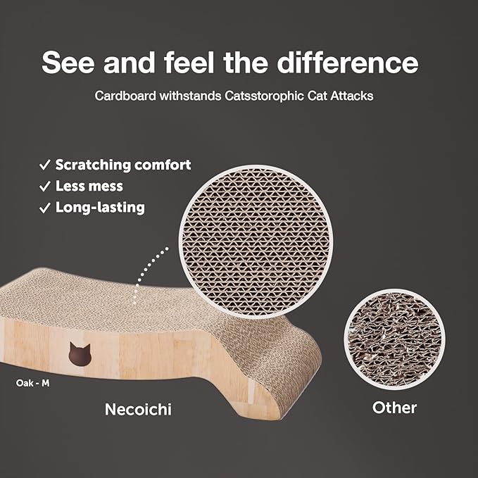 Necoichi Cardboard Cat Scratcher Bed for Indoor Cats - Cat Scratching Board, Horizontal Cat Scratch Pad Lounger with Reversible Usability and Extra Comfort for Lounge, Curved (17" Regular, Oak)
