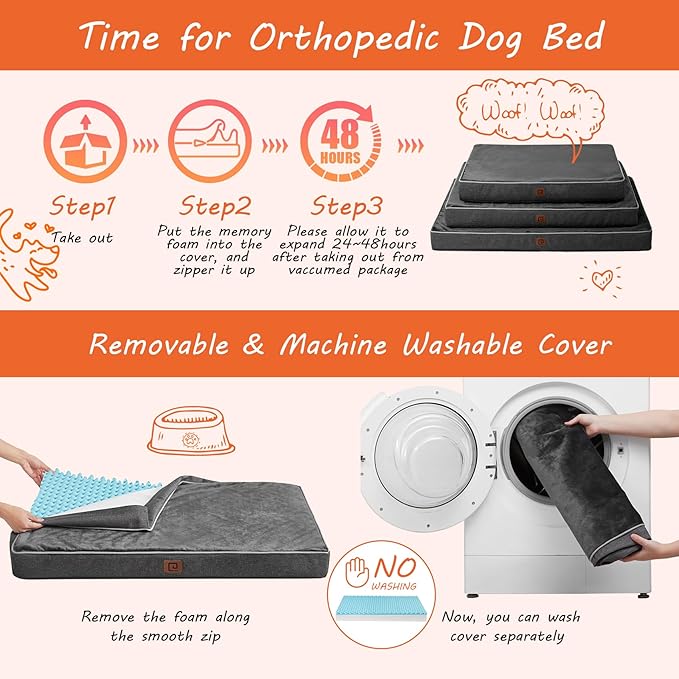 EHEYCIGA Waterproof Dog Bed Memory Foam 35x23, Orthopedic Dog Beds Mat for Large Dogs with Removable Cover, Dark Grey