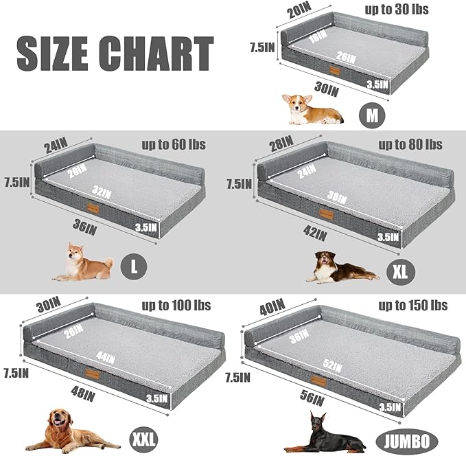Patas Lague Orthopedic Jumbo Dog Bed for Extra Large Dogs 56''X40'', Waterproof L Bolster Pet Sofa Beds with Removable Washable Cover, Soft Comfortable Pet Couch Crate Mat with Nonskid Bottom, Grey