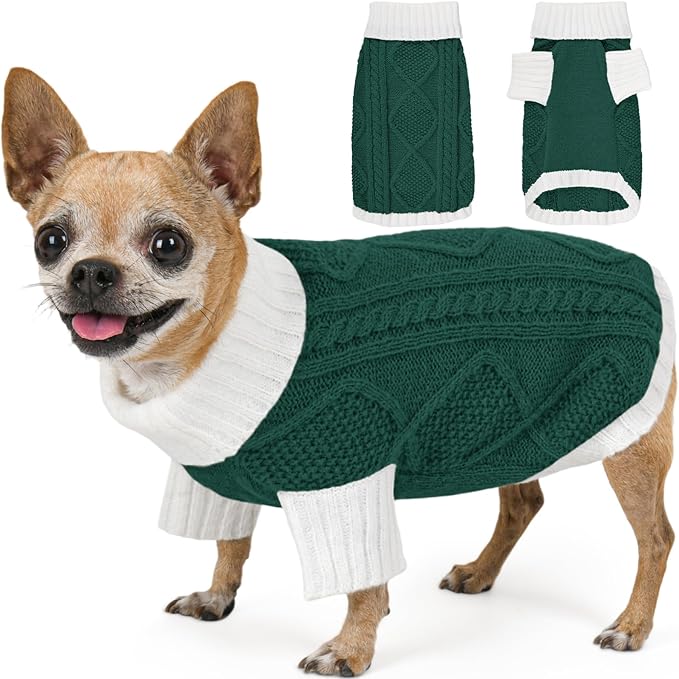 Dog Sweater for Small Dogs Argyle Cable Knit Turtleneck Pullover Winter Clothes Boys Girls Stretch Puppy Doggie Chihuahua Yorkie Pomeranian Toy Poodle Pet (XS, Green)