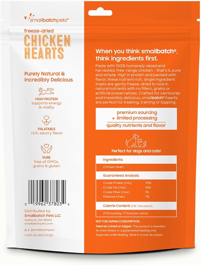 smallbatch Pets Premium Freeze-Dried Chicken Heart Treats for Dogs and Cats, 3.5 oz, Made and Sourced in The USA, Single Ingredient, Humanely Raise Meat, No Preservatives or Anything Artificial Ever