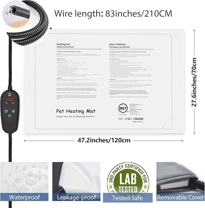 PETNF Pet Heating Pad Temperature Adjustment Anti-bite Puppy Heating with Timer Cat Dog Pad Indoor Waterproof Pet Warming Electric Heated Bed Mat for Small/Medium/Large Dog