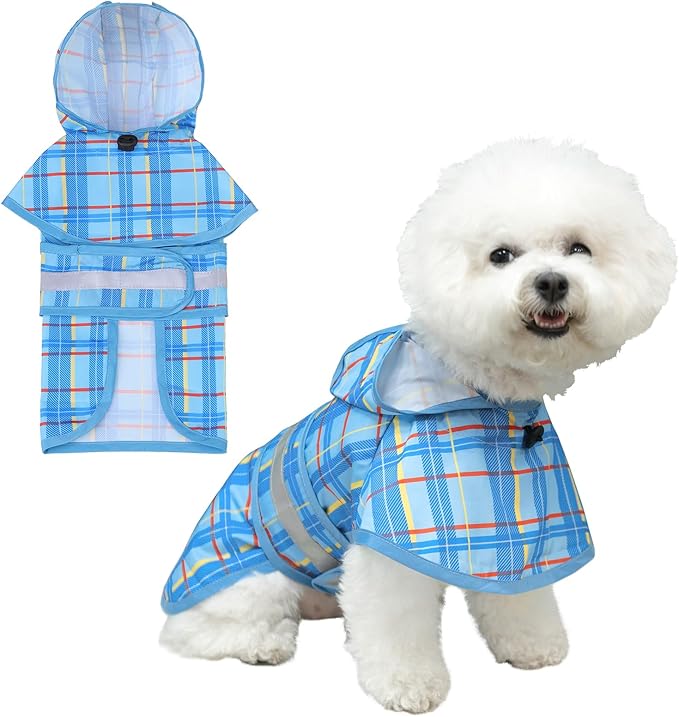 KOOLTAIL Dog Raincoat Hooded Slicker Poncho with Leash Hole, Raincoat for Small Medium Dogs, Waterproof Doggie Rain Jacket with Reflective Strip, Adjustable Breathable Plaid Puppy Rainwear-Blue