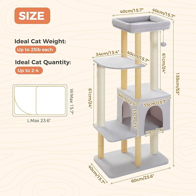 53" Modern Cat Tree for Large Cats, Wooden Cat Tower with Fully Sisal Covered Scratching Posts and Solid Wood Posts, Cat Furniture with Spacious Perch and Cozy Condo Gray
