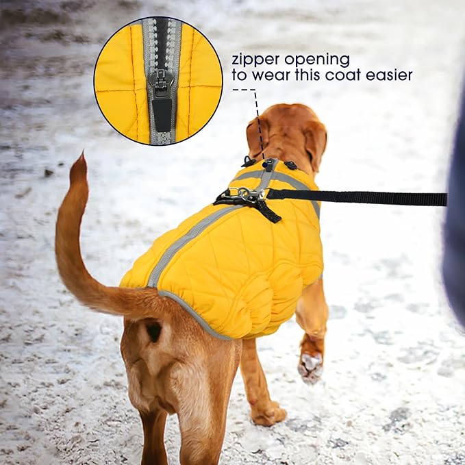FUAMEY Dog Coat for Medium Dogs,Waterproof Dog Winter Jacket with Harness Built in Puppy Cold Weather Coats Reflective Pet Vest with Zipper Warm Fleece Dogs Snowsuit Windproof Yellow M
