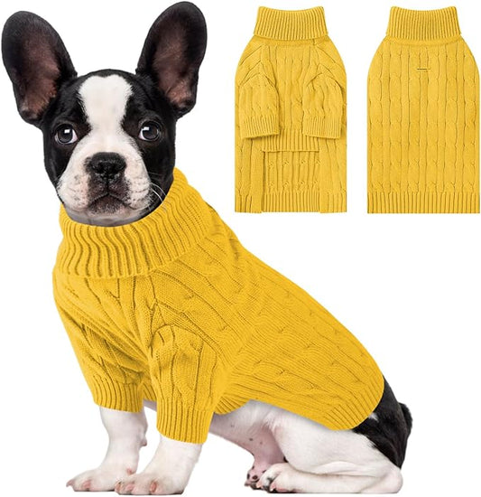 Small Dog Thermal Pullover Sweater, Classic Turtleneck Cable Knitwear Dog Clothes for Cold Weather Warm Pet Clothes for Chihuahua, Bulldog, Dachshund, Pug Yellow XX-Large