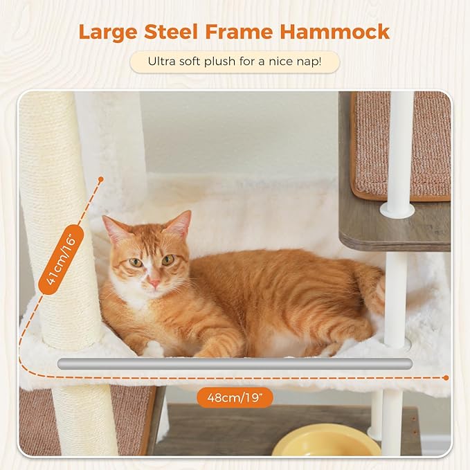 PAWZ Road Large Cat Tree with Food Station, 74.8 Inches Wooden Tall Cat Tower with Extra Large Condos and Hammocks,Spacious Perch,Sisal and Steel Posts, Scratching Mat for Indoor Adult Cats-Gray