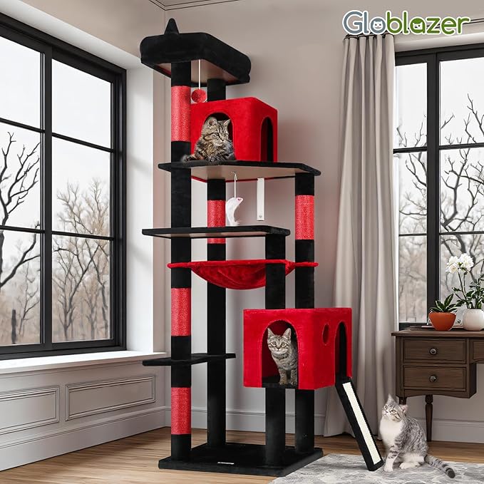 Globlazer Gothic Heavy Duty Cat Tree, 70in Tall Sturdy Goth Cat Tree for Indoor Cats Extra Large Cat Tower with Scratching Post, Cat Condos for Adult Cats Kittens, Hammock, Perch, F70 Pro, Red Black