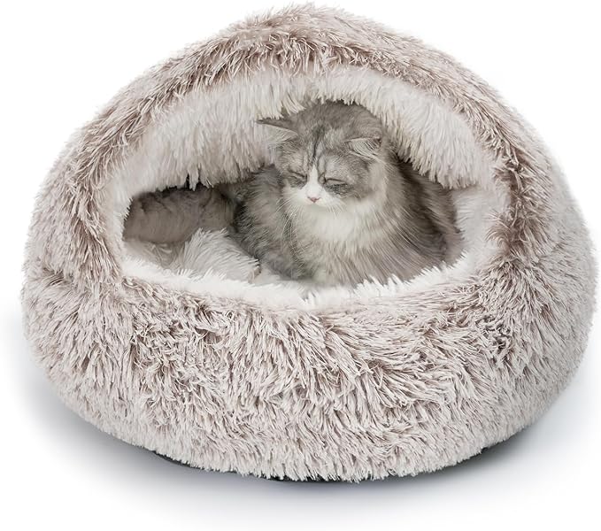 CATISM Plush Hooded Cat Bed, Calming Nest, Self-Warming Cave, Cozy Pod for Indoor Cats or Small Dogs, Removable Washable Cove With Non-Slip Bottom