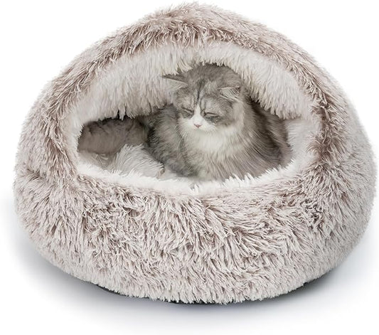 CATISM Plush Hooded Cat Bed, Calming Nest, Self-Warming Cave, Cozy Pod for Indoor Cats or Small Dogs, Removable Washable Cove With Non-Slip Bottom