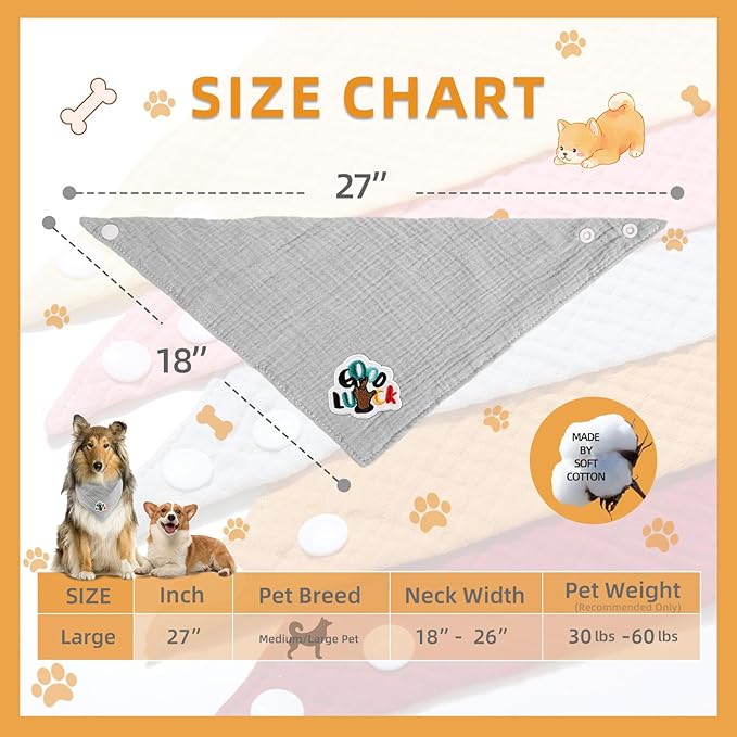 Dog's Bandanas Solid Color Cotton Letter Embroidered Pet Scarf with Adustable Button,Gray,Large