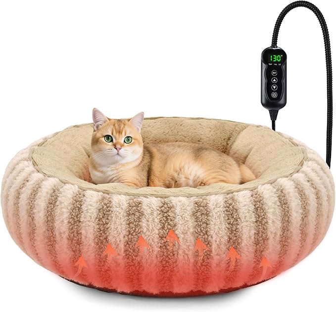 Toove Heated Cat Bed Indoor - 20" Heating Donut Pet Bed for Cats and Small Dogs, Ultra Soft & Cozy Sleeping Cat Beds, Machine Washable, Waterproof & Safe Warming with Timer and Temperature Control