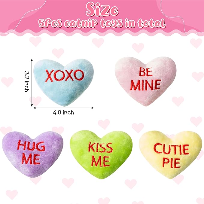 MALLMALL6 5Pcs Sweet Conversation Heart Catnip Toys Gift for Cat, Indoor Kitten Chew Bite Kick Candy Catmint Pet Supplies, Cute Interactive Cat Toy for Pet Presents