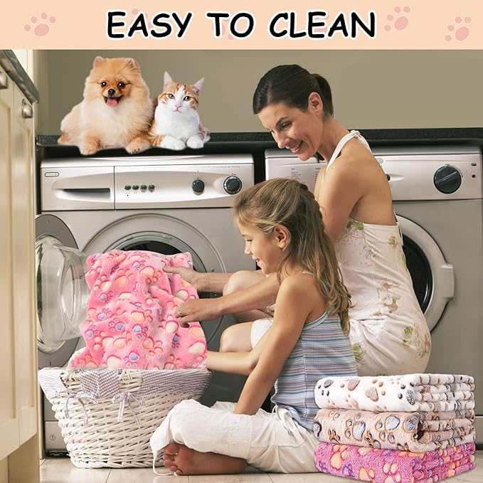 Rezutan Dog Blankets for Large Dogs, Upgraded 3 Pack Dogs Cat Blanket Washable 41" x 31", Soft Pet Throw Cover Suitable for Kennel Crate Bed, Cute Paw Pattern, White/Brown/Pink