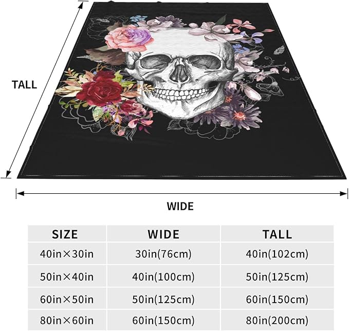 Halloween Skull Throw Blanket for Women, Gothic Rose Skull Theme Blankets, Lightweight Warm Queen Size Flannel Blanket, Cozy All Seasons Fleece Blanket for Home Bed Couch 60 X80 Inch