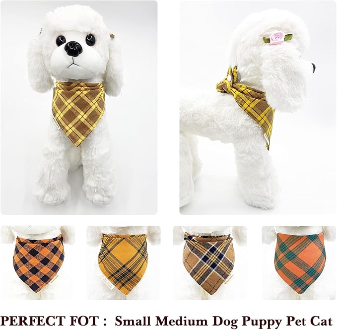 5PCS Dog Bandanas with Button - Thick Triangle Bibs Dual Layer Soft Cotton Scarves for Small Medium Boy Girl Puppy Cat Pet Baby Square Plaid Printing Washable Kerchief Halloween Costumes Outfits