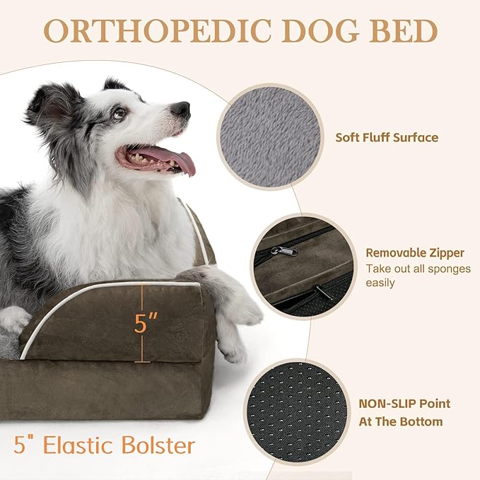 Comfort Expression Orthopedic Dog Bed for Large Dogs 36x27 Inch, Waterproof Supportive Egg Crate Foam Large Pet Bed with Removable Bolsters, Dog Couch with Washable Cover & Non-Slip Bottom, Dark Green