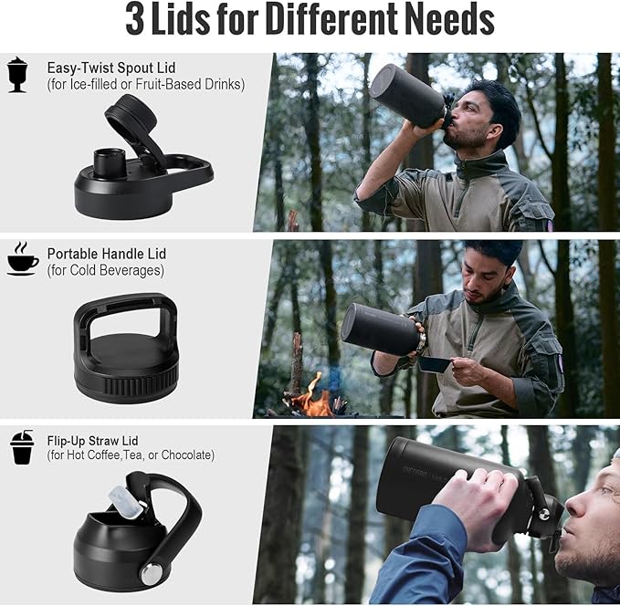 OneTigris Tactical Half Gallon Water Bottle with Straw - 64 oz Vacuum Insulated Stainless Steel Water Jug, Leakproof Sport Bottle with 3 BPA Free Lids, Paracord Handle & MOLLE Water Pouch for Outdoor