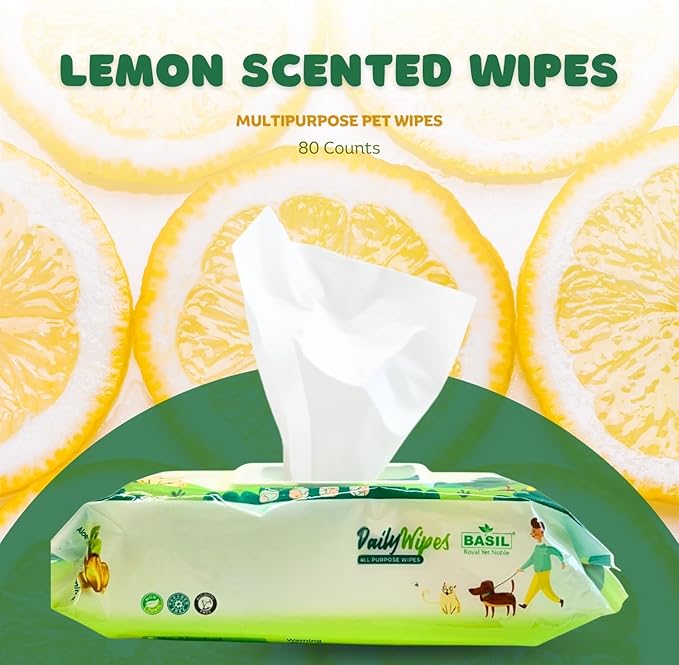 BASIL Pet Grooming Wipes – Lemon-Scented - Paraben-Free with Aloe Vera, Vitamin E & Castor Oil, Gentle Cleaning Wipes for Dogs, Cats & Puppies – Paws, Ears, Mouth & Butt – 80 Count, 7” x 7.87”