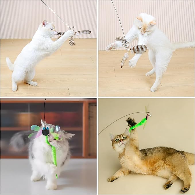 Kingtree Cat Teaser Wand Toys, Interactive Feather Cat Wand Toy with 5 Bell Feather Refills & 2Pcs 35'' Flexible Steel Wire Wood Handle Wands, Cat Feather Toys for Indoor Cats to Play Chase Exercise