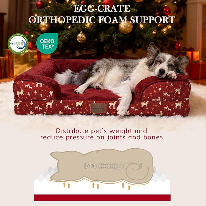 Comfort Expression Orthopedic Dog Bed for Extra Large Dogs 42x30 Inch, Waterproof Supportive Memory Foam XL Pet Bed with Removable Bolsters, Dog Couch with Washable Cover & Non-Slip Bottom, Red