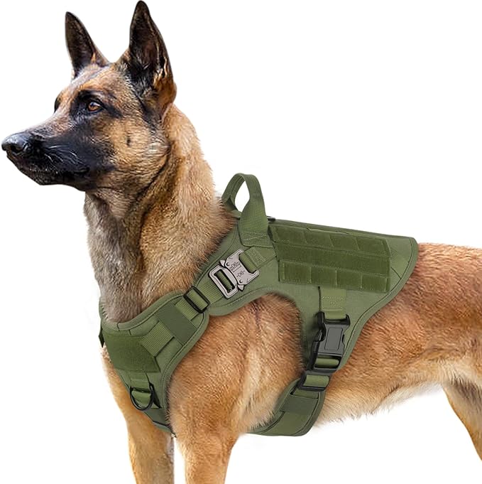 rabbitgoo Tactical Dog Harness for Large, Heavy Duty Pet Harness with Handle, No-Pull Service Vest Large Breed, Adjustable Military Dog Vest for Training Hunting Walking, Green, L