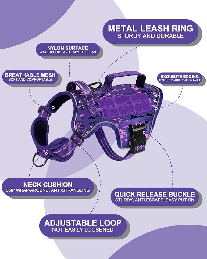 Tactical Dog Harness Medium Sized, Heavy Duty No Pull Dog Harness with Handle, Easy On and Off Service Dog Vest with Molle System, Reflective Pet Vest for Walking Hiking Training