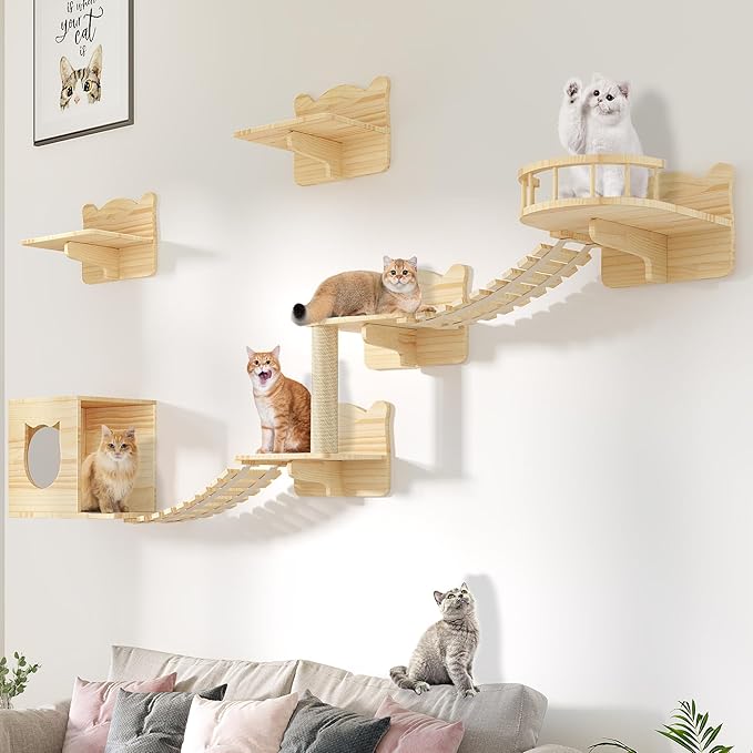 Solid Wood Cat Wall Shelves, Cat Wall Furniture Wooden Feline Shelf, 9 Piece Shelves and Perches with Bed, House, Steps, Bridge Ladder and Scratching Post