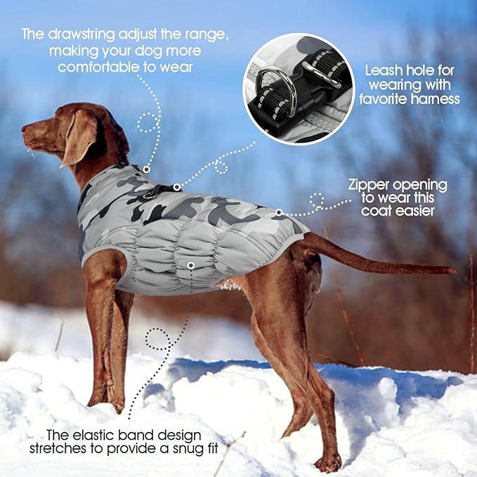 FUAMEY Dog Coat for Large Dogs,Waterproof Dog Winter Jacket with Harness Built in Puppy Cold Weather Coats Reflective Pet Vest with Zipper Warm Fleece Dogs Snowsuit Windproof Grey Camo XXXL